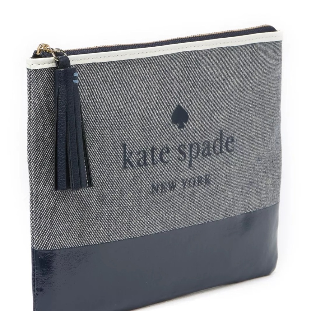 Kate Spade Ash Logo Large Tassel Pouch Navy Blue Canvas WLRU5328